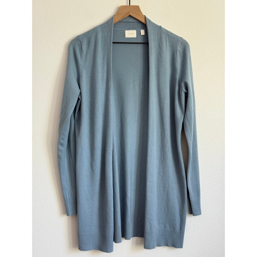 Cyrus Cardigan Size L Blue Minimalist Open Front Longline Lightweight Knit Soft